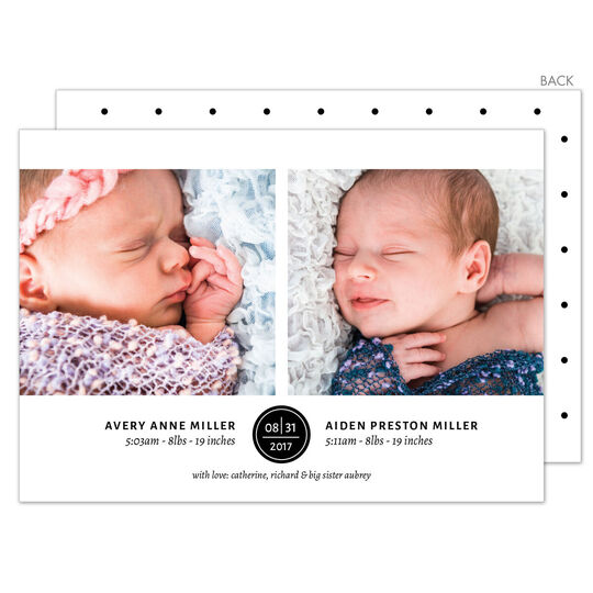Black Circle Date Twins Photo Birth Announcements
